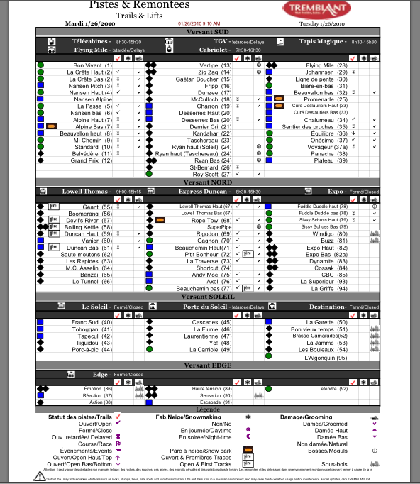 Copy of Official, Printable Grooming and Trail Status report, courtesy of www.tremblant.ca