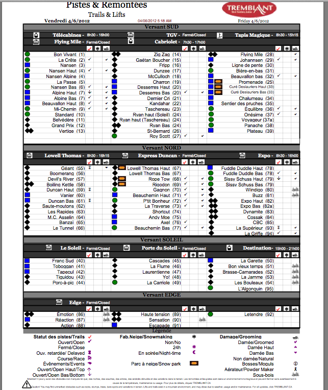 Screenshot of the Official, Downloadable,<br />PDF, Trail and Grooming status report,<br />Courtesy of Tremblant.ca