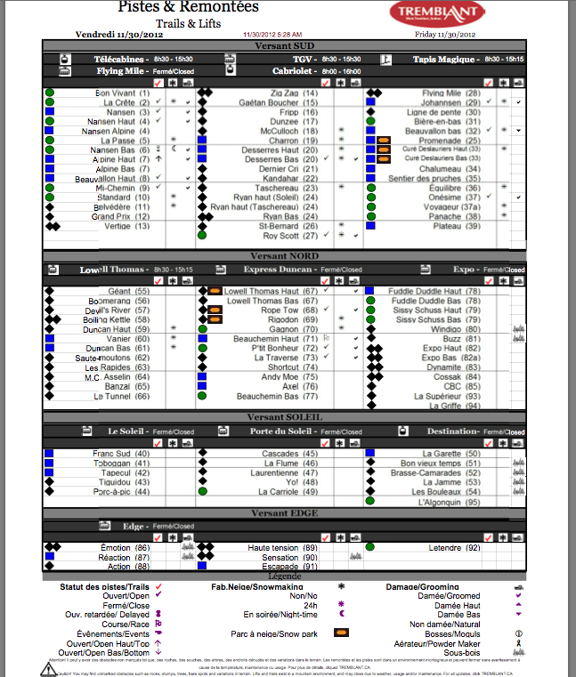 Screenshot of the Official, Downloadable, PDF,<br />Trail and Grooming Status Report, Courtesy of Tremblant.ca