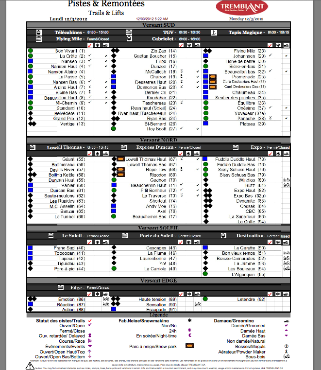 Screenshot of the Official, Downloadable, PDF<br />Trail and Grooming status report, Courtesy of Tremblant.ca