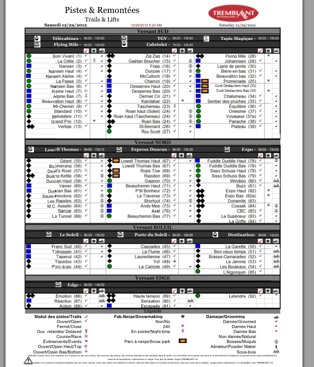 Screenshot of the Official, Downloadable, PDF,<br />Trail and Grooming Status Report, Courtesy of Tremblant.ca