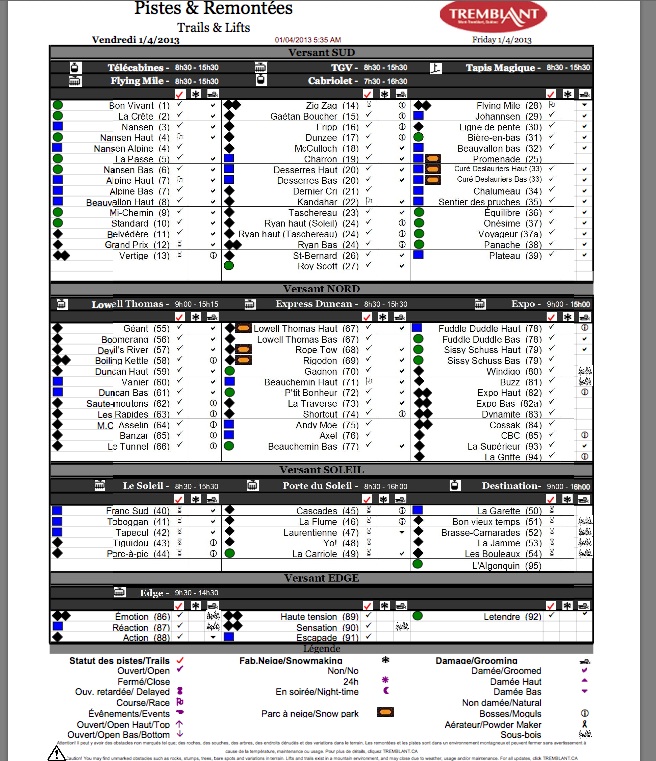 Screenshot of the Official, DOwnloadable, PDF,<br />Trail and Grooming Status REport, Courtesy of Tremblant.ca