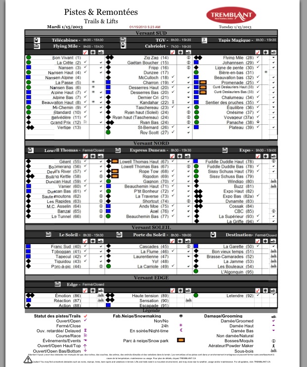 Screenshot of the Official, Downloadable, PDF,<br />Trail and Grooming Status Report, Courtesy of Tremblant.ca