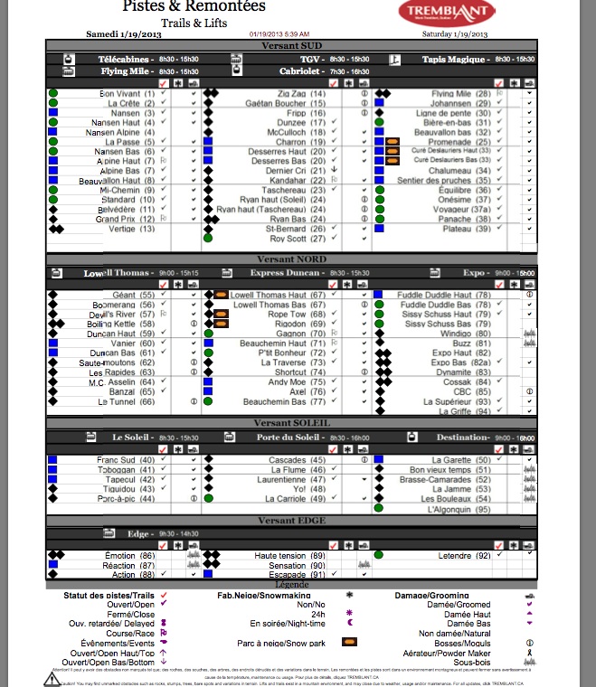 Screenshot of the Official, Downloadable, PDF,<br />Trail and Grooming Status Report, Courtesy of Tremblant.ca