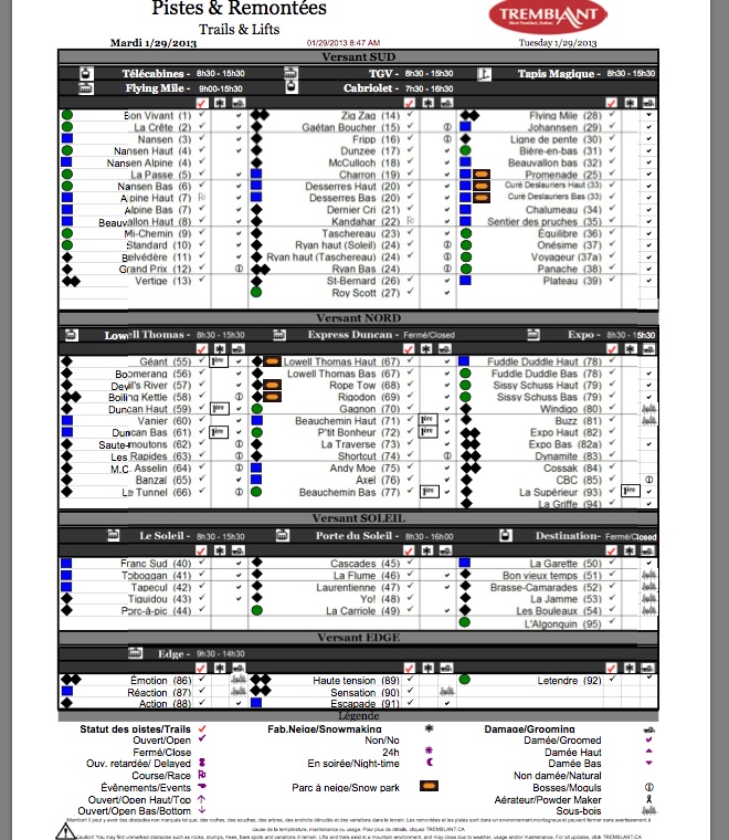 Screenshot of the Official, Downloadable, PDF,<br />Trail and Grooming Status Report, Courtesy of Tremblant.ca