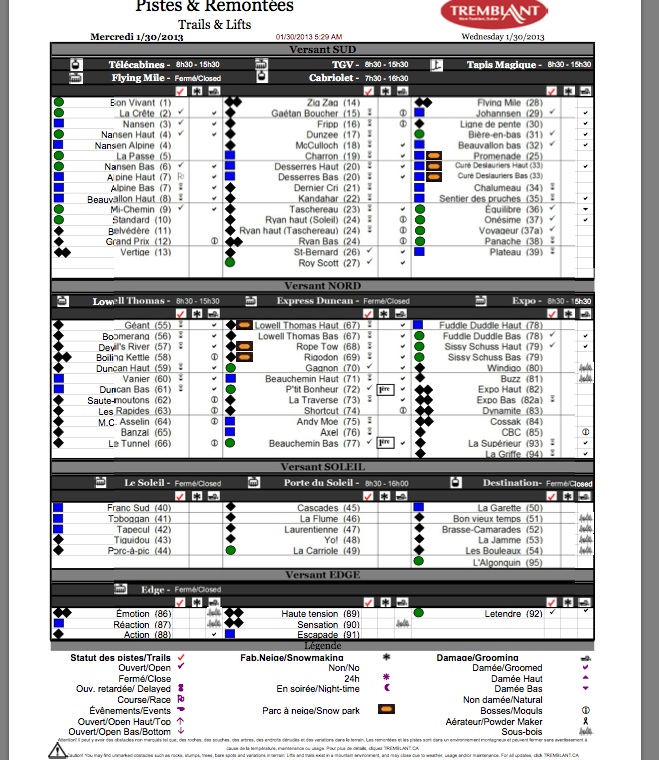 Screenshot of the Official, Downloadable, PDF,<br />Trail and Grooming Status Report, Courtesy of Tremblant.ca