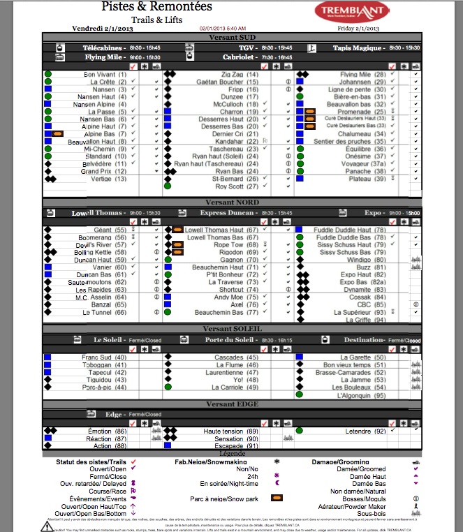 Screenshot of the Official, Downloadable, PDF,<br />Trail and Grooming Status Report, Courtesy of Tremblant.ca