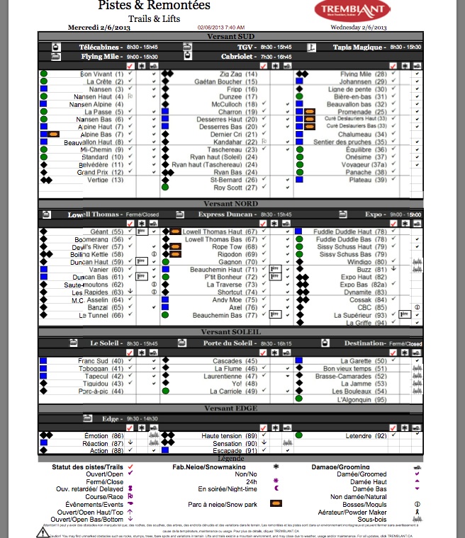 Screenshot of the Official, Downloadable, PDF,<br />Trail and Grooming Status Report, courtesy of Tremblant.ca