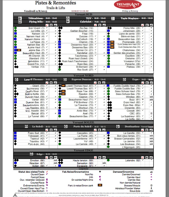 Screenshot of the Official, Downloadable, PDF,<br />Trail and Grooming Status Report, Courtesy of Tremblant.ca