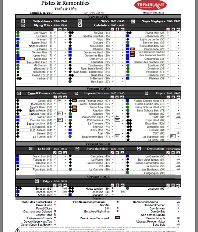 Screenshot of the Official, Downloadable, PDF,<br />Trail and Grooming Status Report, Courtesy of Tremblant.ca