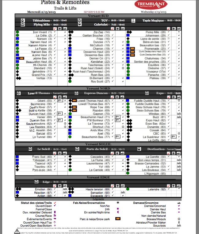 Screenshot of the Official, Downloadable, PDF,<br />Trail and Grooming Status Report, Courtesy of Tremblant.ca