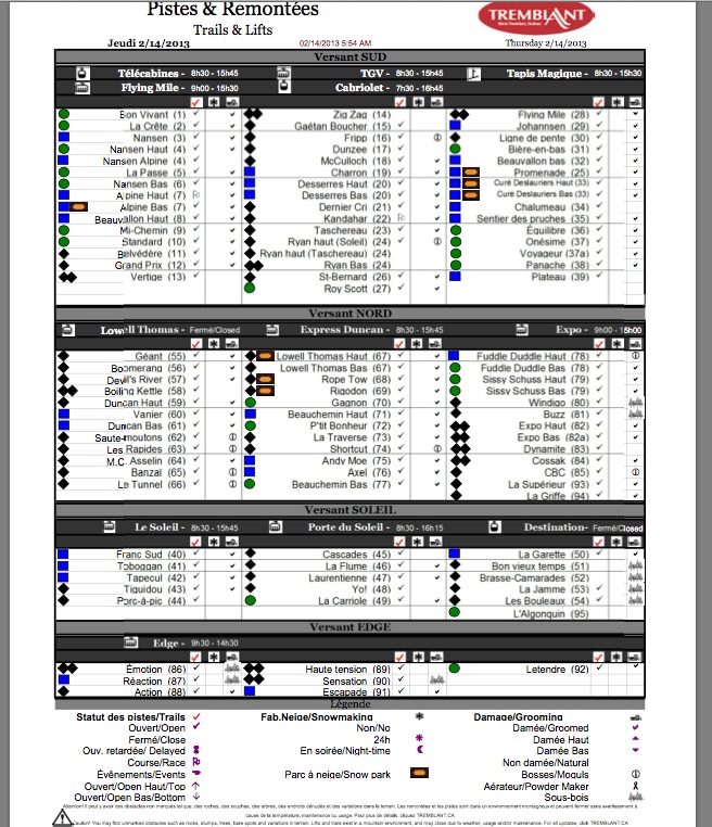 Screenshot of the Official, Downloadable, PDF,<br />Trail and Grooming Status Report, Courtesy of Tremblant.ca