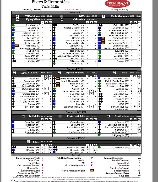 Screenshot of the Official, Downloadable, PDF,<br />Trail and Grooming Status Report, Courtesy of Tremblant.ca