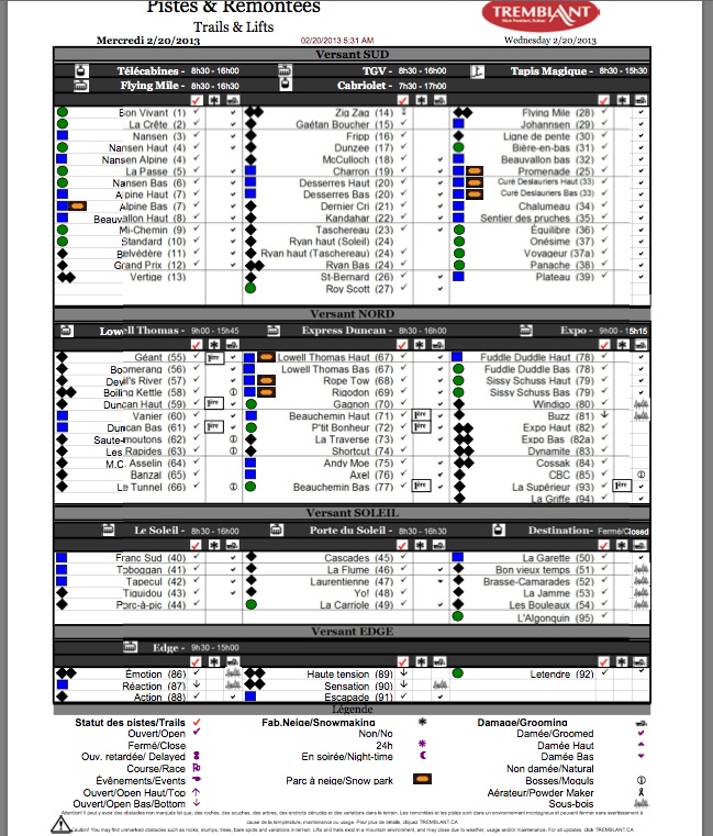 Screenshot of the Official, Downloadable, PDF,<br />Trail and Grooming Status Report, Courtesy of Tremblant.ca