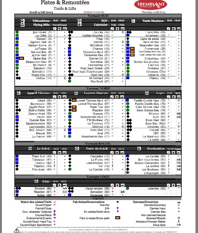 Screenshot of the the Official, Downloadable, PDF,<br />Trail and Grooming Status Report, Courtesy of Tremblant.ca