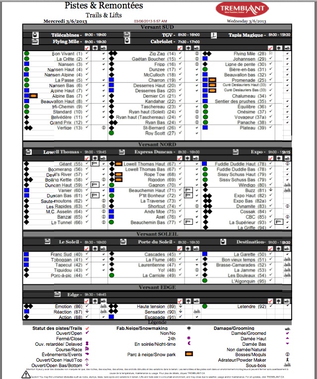 Screenshot of the Official, Downloadable, PDF,<br />Trail and Grooming Status Report, Courtesy of Tremblant.ca