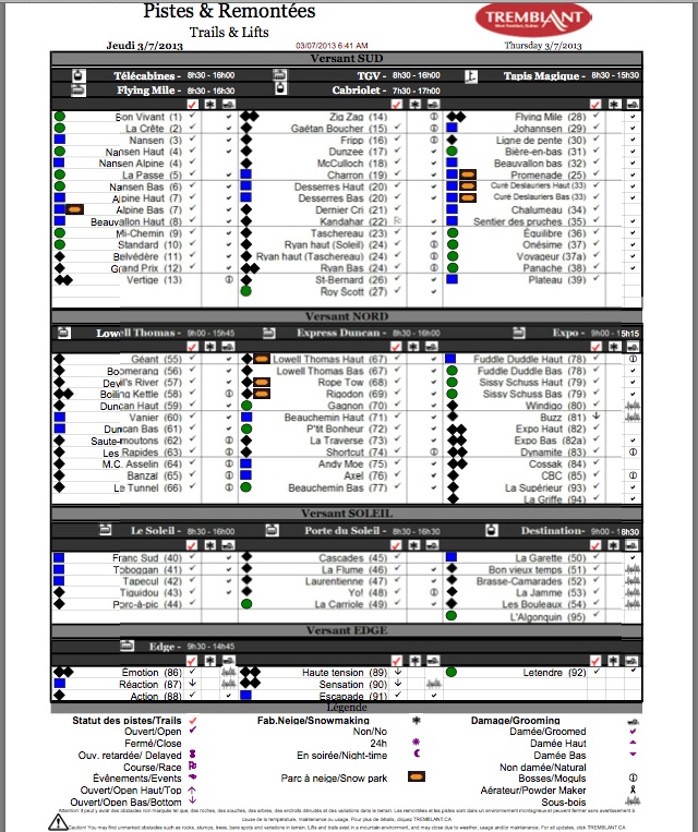 Screenshot of the Official, Downloadable, PDF,<br />Trail and Grooming Status Report, Courtesy of Tremblant.ca