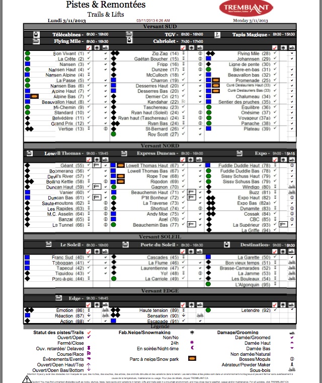 Screenshot of the Official, Downloadable, PDF,<br />Trail and Grooming Status Report, Courtesy of Tremblant.ca