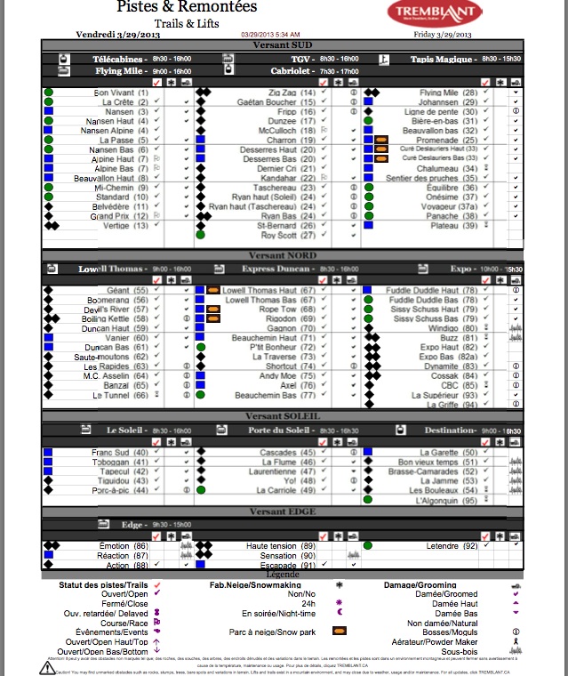 Screenshot of the Official, Downloadable, PDF,<br />Trail and Grooming Status Report, Courtesy of Tremblant.ca