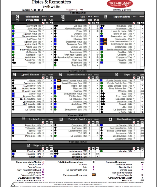Screenshot of the Official, Downloadable, PDF,<br />Trail and Grooming Status Report, Courtesy of Tremblant.ca