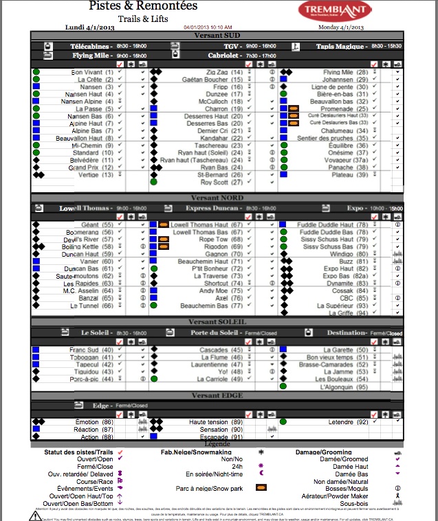 Screenshot of the Official, Downloadable, PDF,<br />Trail and Grooming Status Report, Courtesy of Tremblant.ca