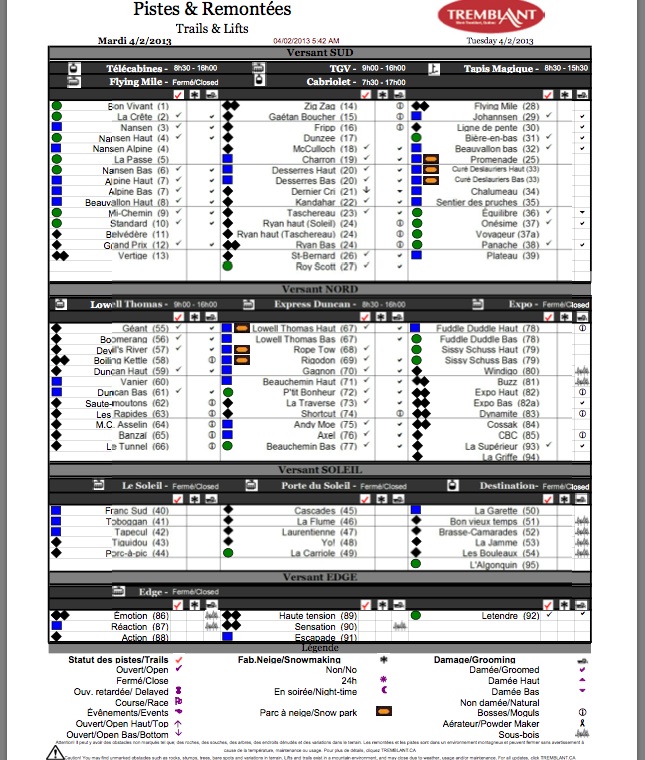Screenshot of the Official, Downloadable, PDF,<br />Trail and Grooming Status Report, Courtesy of Tremblant.ca