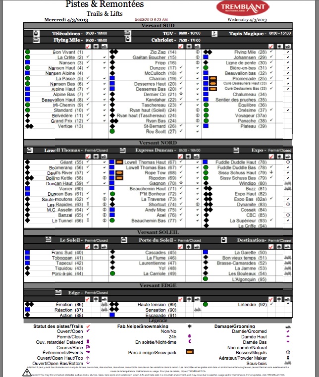 Screenshot of the Official, Downloadable,PDF,<br />Trail and Grooming Status Report, Courtesy of Tremblant.ca