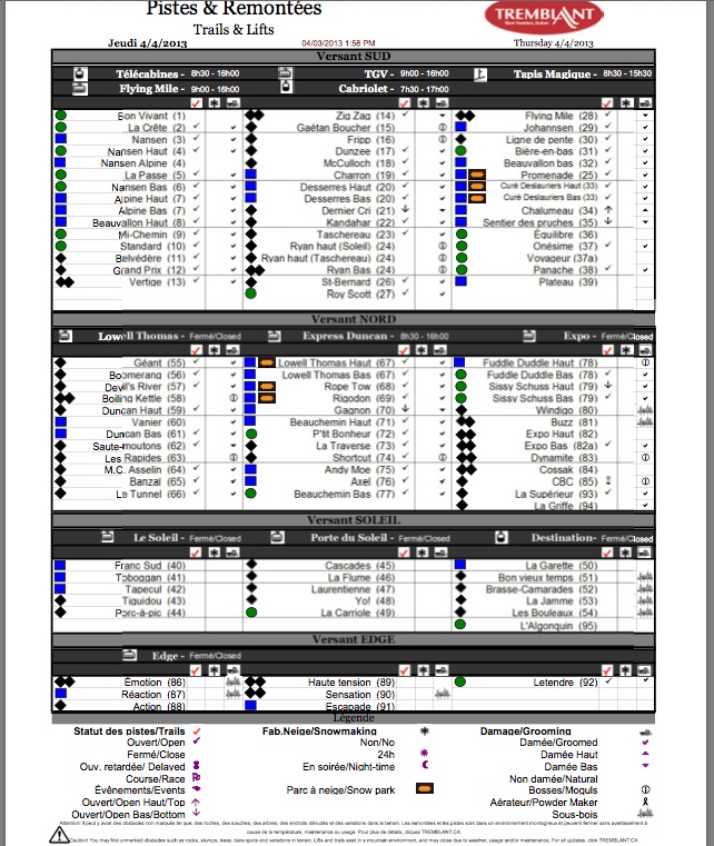 Screenshot of the Official, Downloadable, PDF,<br />Trail and Grooming Status Report, Courtesy of Tremblant.ca