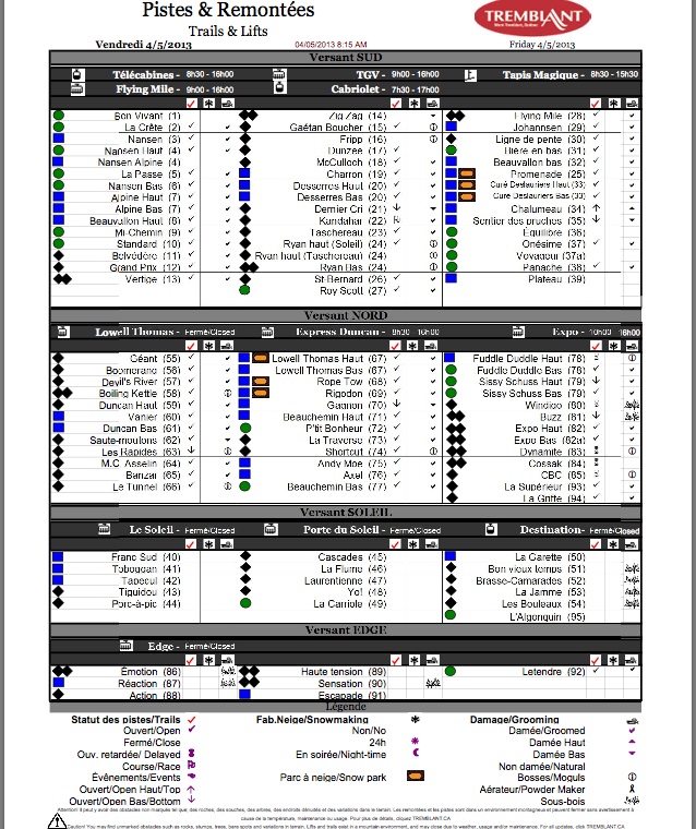 Screenshot of the Official, Downloadable, PDF,<br />Trail and Grooming Status Report, Courtesy of Tremblant.ca