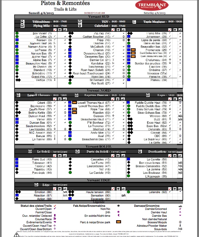 Screenshot of the Official, Downloadable, PDF,<br />Trail and Grooming Status Report, Courtesy of Tremblant.ca