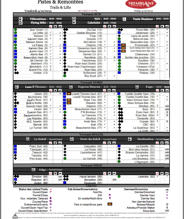 Screenshot of the Preliminary Official Downloadable, PDF,<br />Trail and Grooming Status Report, Courtesy of Tremblant.ca