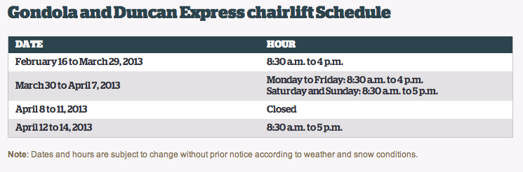 Screenshot of Official Hours Courtesy of Tremblant.ca