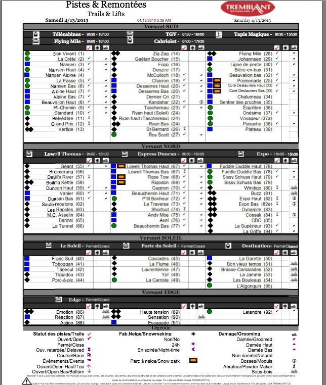 Screenshot of the Official, Downloadable, PDF,<br />Trail and Grooming Status Report, Courtesy of Tremblant.ca