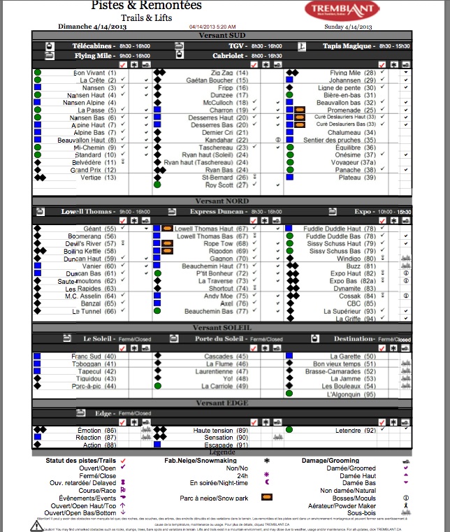 Screenshot of the Official, Downloadable, PDF,<br />Trail and Grooming Status Report, Courtesy of Tremblant.ca