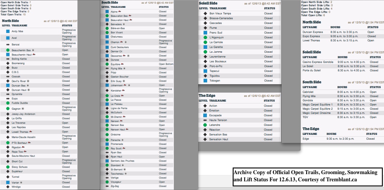 Archival Copy of the Official<br />Open Trail, Grooming, Snowmaking and Lift Status Data,<br />Courtesy of Tremblant.ca