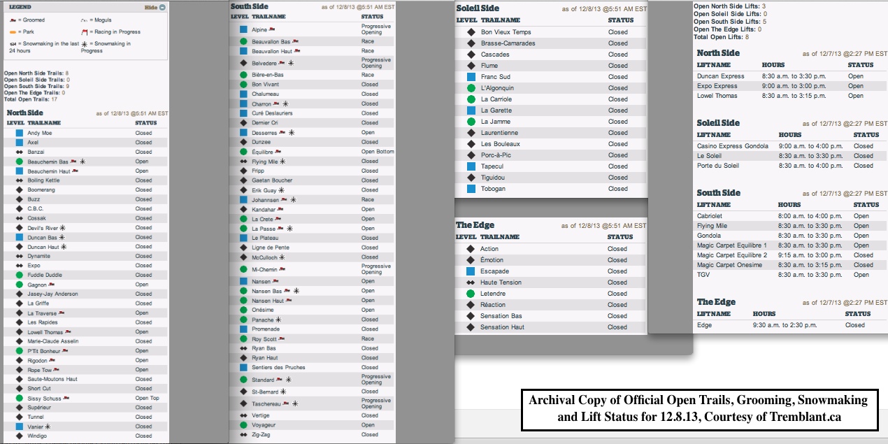 Archival Copy of Official Open Trails, <br />Grooming, Snowmaking and Lift Status, Courtesy of Tremblant.ca