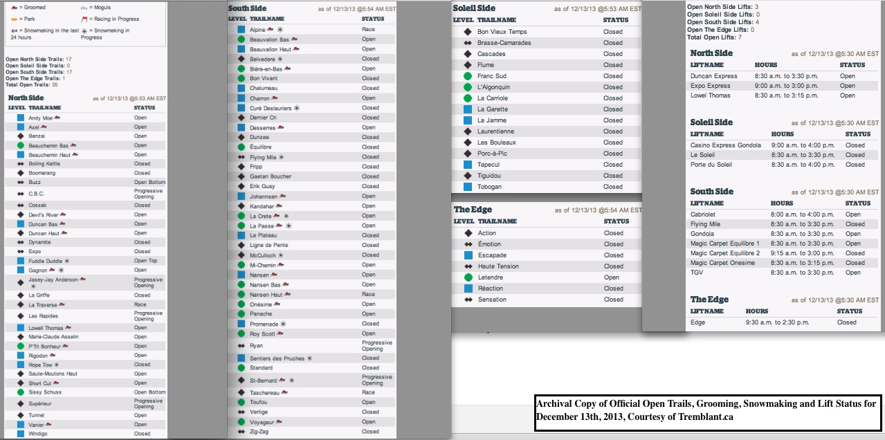 Archival Copy of Official Open Trails, Grooming, Snowmaking and Lift Status for<br />December 13th, 2013, Courtesy of Tremblant.ca