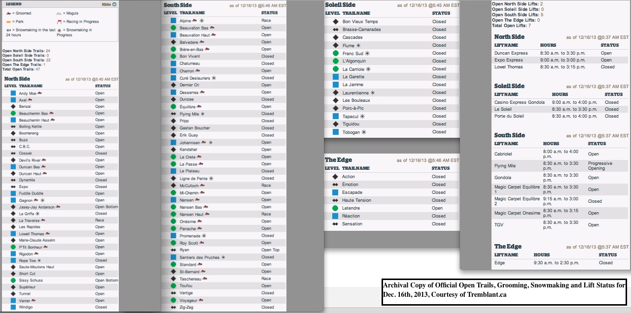 Archival Copy of Official Open Trails, Grooming, Snowmaking and Lift Status for Dec. 16th, 2013, Courtesy of Tremblant.ca