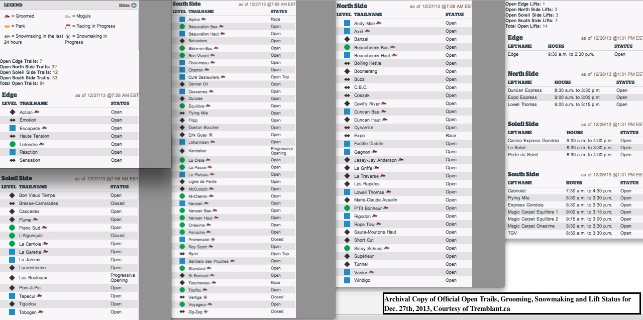 Archival Copy of Official Open Trails, <br />Grooming, Snowmaking and Lift Status for Dec. 27th, 2013, <br />Courtesy of Tremblant.ca