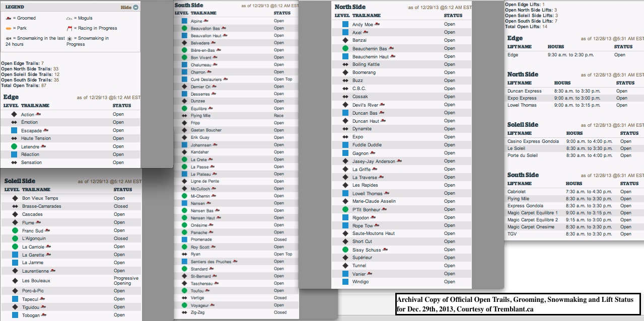 Archival Copy of Official Open Trails, Grooming, Snowmaking and Lift Status for Dec. 29th, 2013, Courtesy of Tremblant.ca