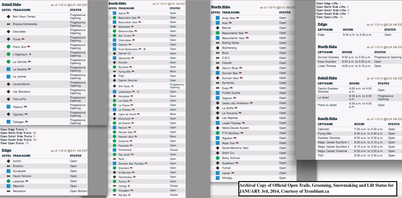 Archival Copy of Official Open Trails, Grooming, Snowmaking and Lift Status for<br />JANUARY 3rd, 2014, Courtesy of Tremblant.ca