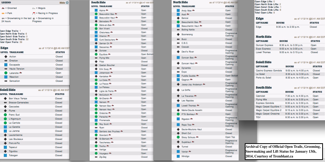 Archival Copy of Official Open Trails, Grooming, Snowmaking and Lift Status for January 13th, 2014, Courtesy of Tremblant.ca