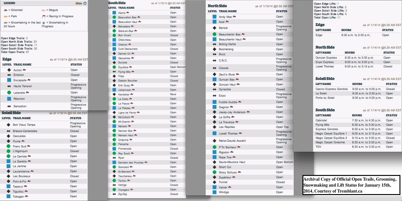 Archival Copy of Official Open Trails, Grooming, Snowmaking and Lift Status for January 15th, 2014, Courtesy of Tremblant.ca
