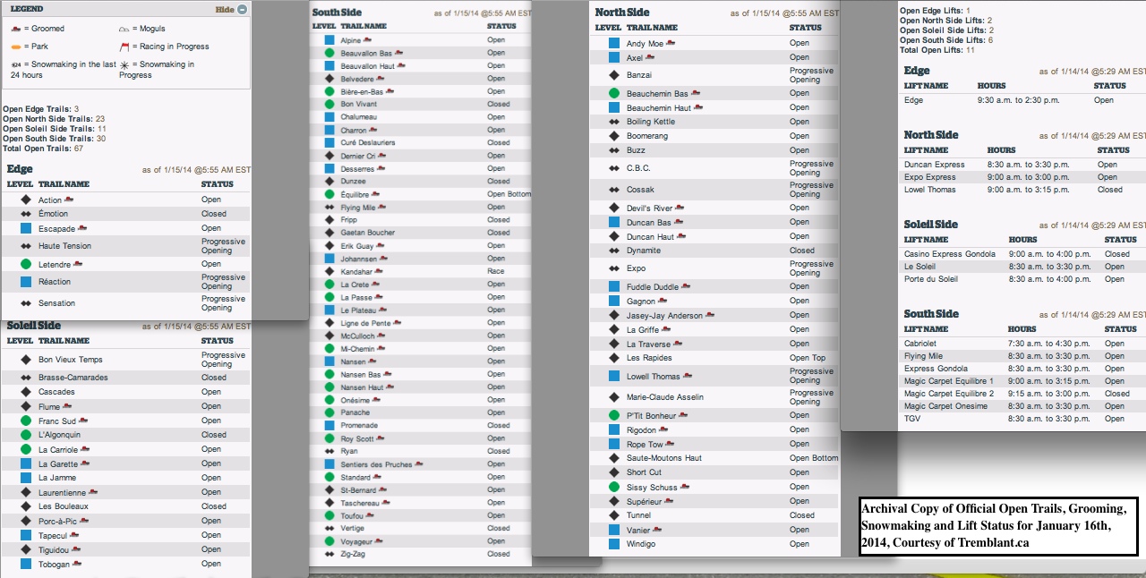 Archival Copy of Official Open Trails, Grooming, Snowmaking and Lift Status for January 16th, 2014, Courtesy of Tremblant.ca