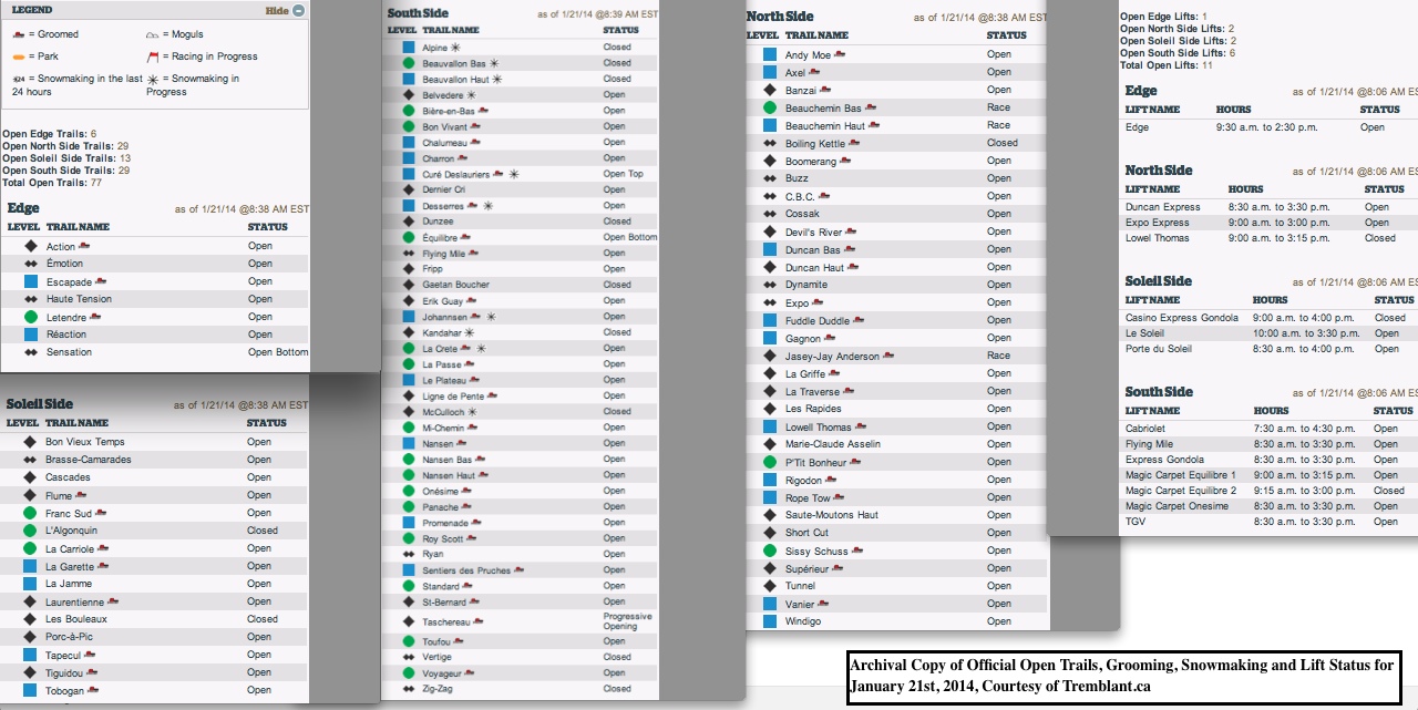Archival Copy of Official Open Trails, Grooming, Snowmaking and Lift Status for January 21st, 2014, Courtesy of Tremblant.ca