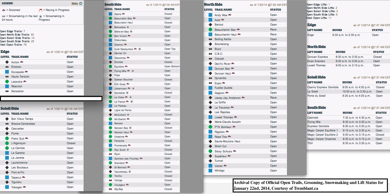 Archival Copy of Official Open Trails, Grooming, Snowmaking and Lift Status for January 22nd, 2014, Courtesy of Tremblant.ca