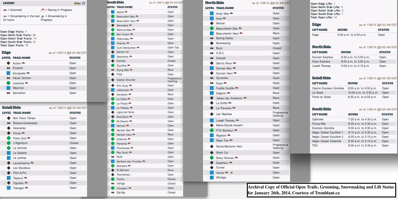 Archival Copy of Official Open Trails, Grooming, Snowmaking and Lift Status for January 26th, 2014, Courtesy of Tremblant.ca