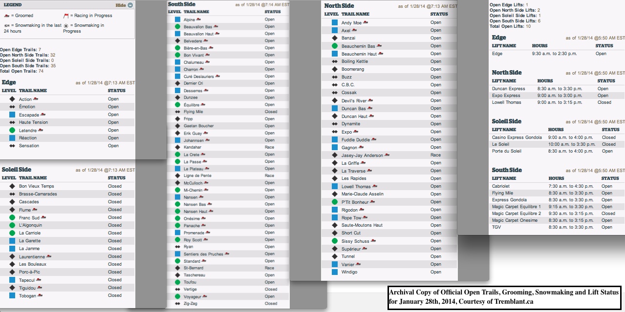 Archival Copy of Official Open Trails, Grooming, Snowmaking and Lift Status for January 28th, 2014, Courtesy of Tremblant.ca
