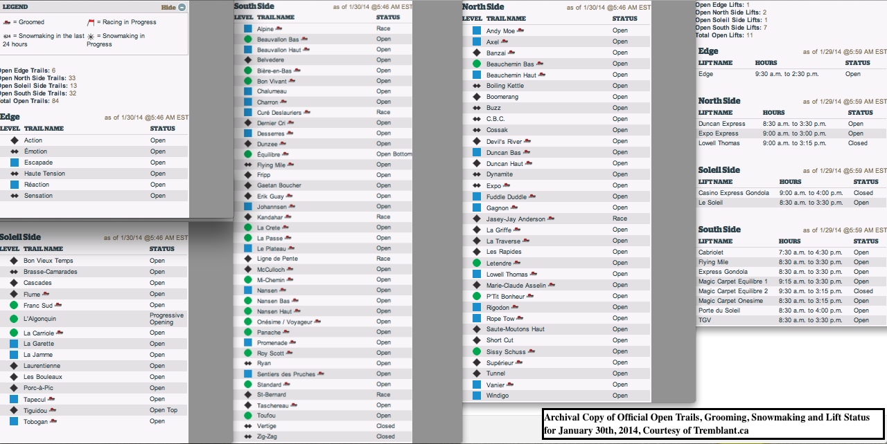 Archival Copy of Official Open Trails, Grooming, Snowmaking and Lift Status for January 30th, 2014, Courtesy of Tremblant.ca