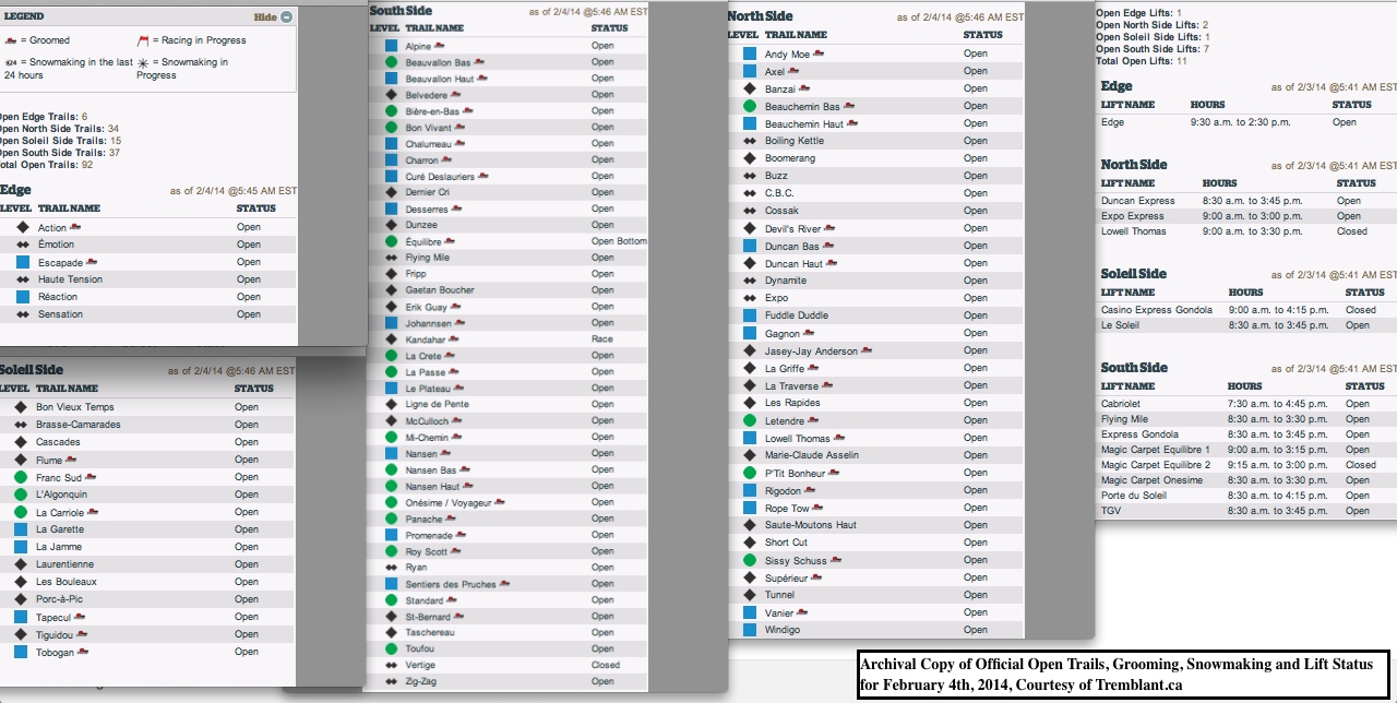 Archival Copy of Official Open Trails, Grooming, Snowmaking and Lift Status for February 4th, 2014, Courtesy of Tremblant.ca